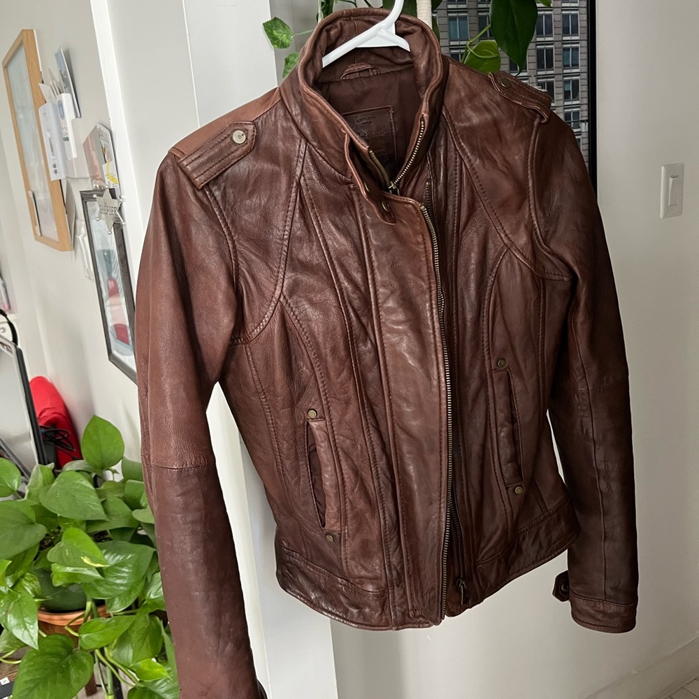 brown leather jacket